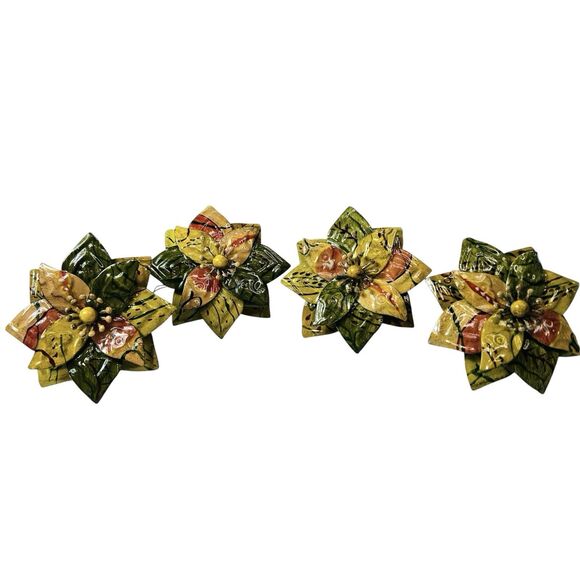 Pier 1 Flower Napkin Rings Lot of 4 Enamel Metal Sage Green Red Yellow NEW 3.75" - Picture 1 of 6